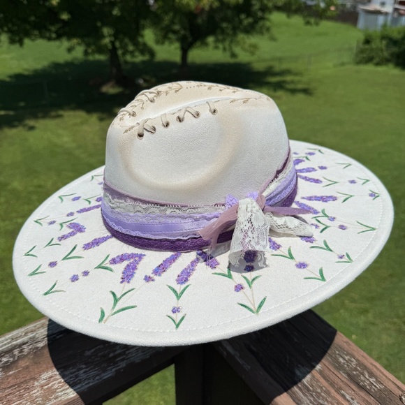 Hand Burned and Painted Lavender Flower Fedora Hat - Picture 2 of 4